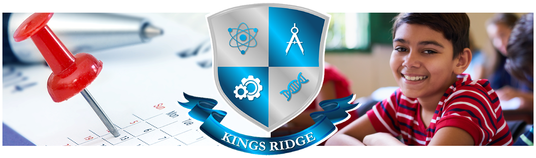 Kings Ridge logo. Pushpin on calendar and smiling student