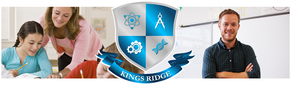 Kings Ridge logo. Classroom of students and closeup of student at desk