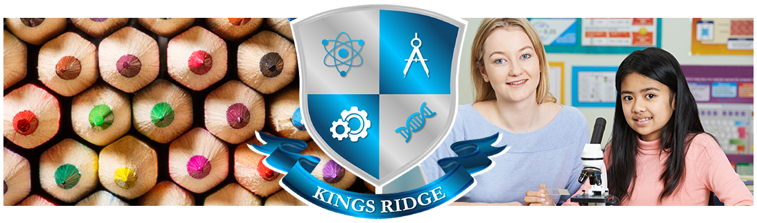 Kings Ridge logo. Colored pencils and teacher and student with microscope